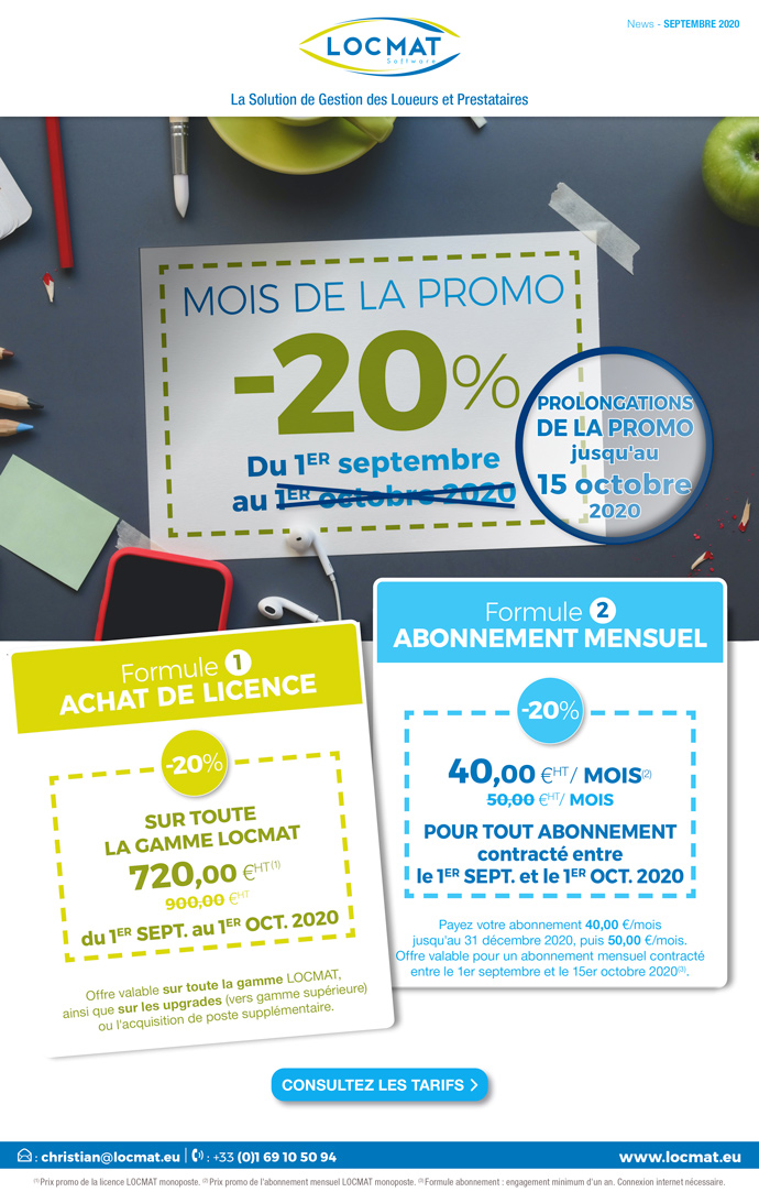 La Promo de la Rentrée joue les prolongations. Profitez de 20% de remise sur la licence LOCMAT ou sur l'abonnement mensuel